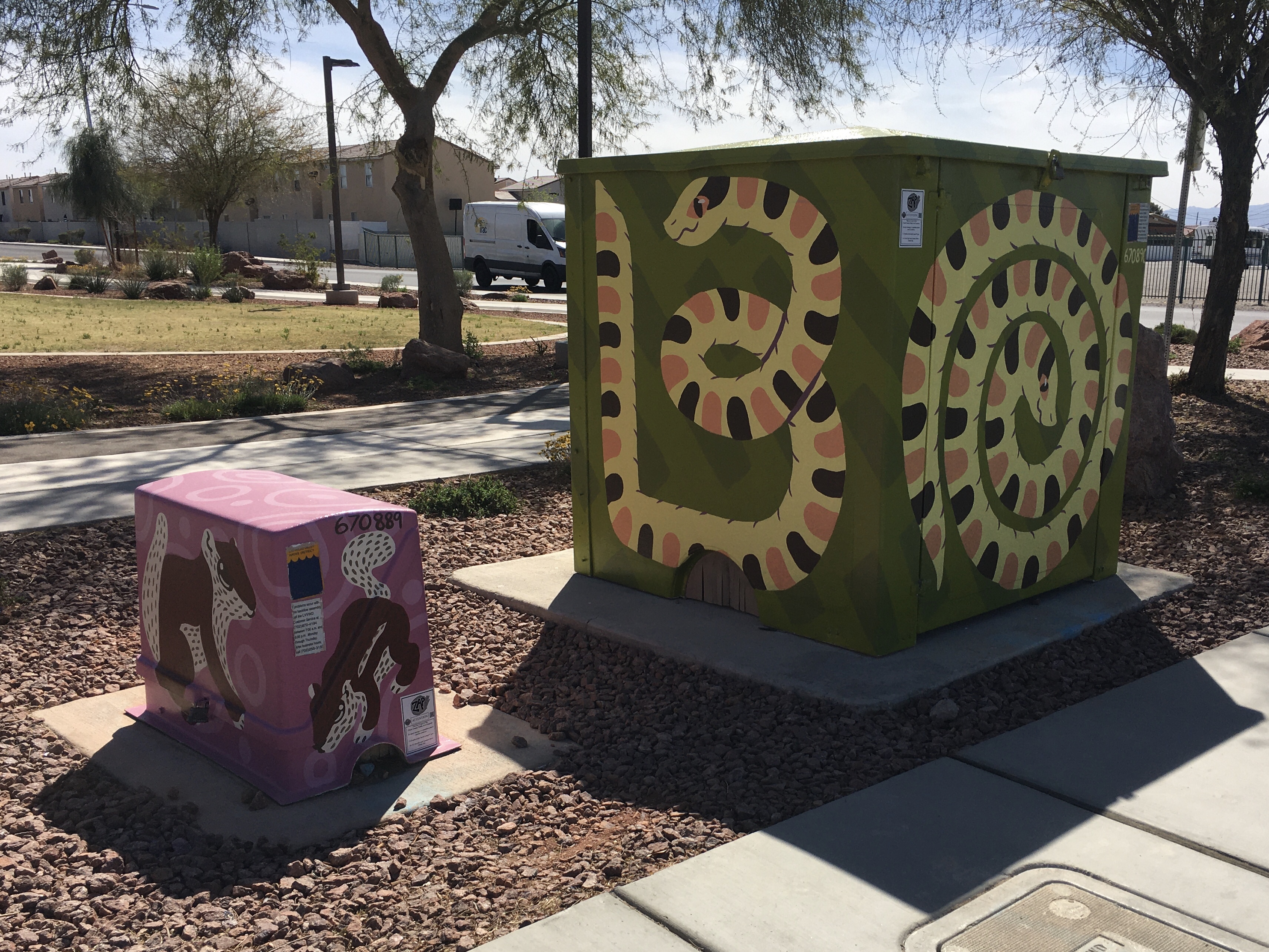 White-Tailed Antelope Squirrel and Nevada Shovel-Nosed Snake, House Paint on Metal Utility Box, 2022